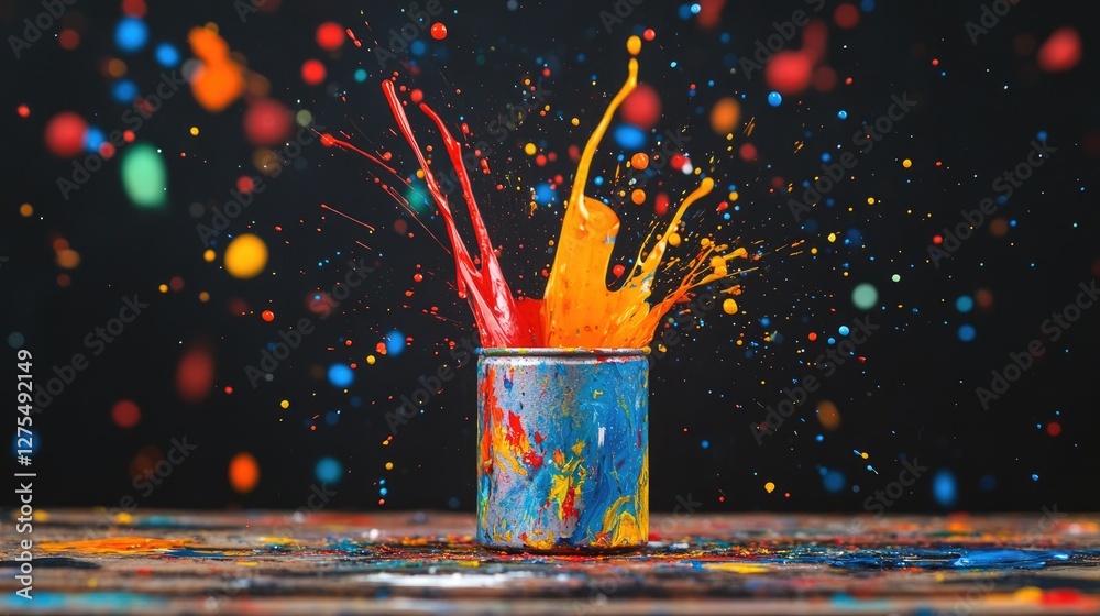 Poster Vibrant paint splatters in dynamic colors bursting from a small can, creating an energetic and creative visual on a black background