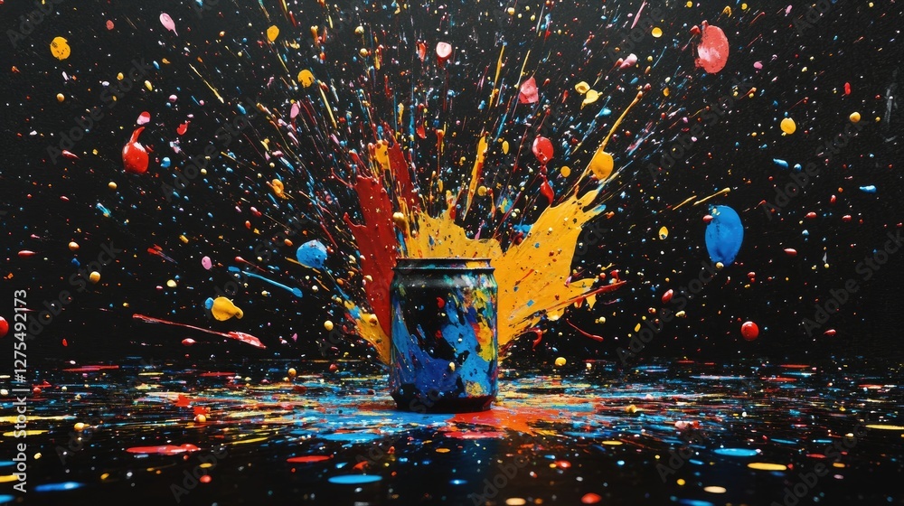 Poster Vibrant paint splatters in dynamic colors bursting from a small can, creating an energetic and creative visual on a black background