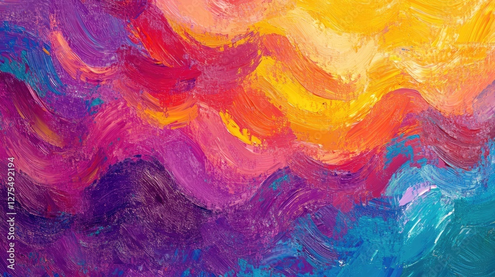 Poster Vibrant multicolor gradient brushstrokes merge seamlessly to form an abstract, wavy texture, creating a colorful and dynamic background