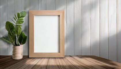 Vertical Wood Frame Mockup in a Cozy Room Interior, Showcasing an Artistic Photograph Frame in Soft Lighting and Earthy Tones, Perfect for Digital Art, Home Decor, or Design Inspiration.