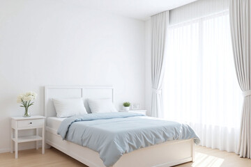Fototapeta premium Modern minimalist bedroom large window white bed nightstand