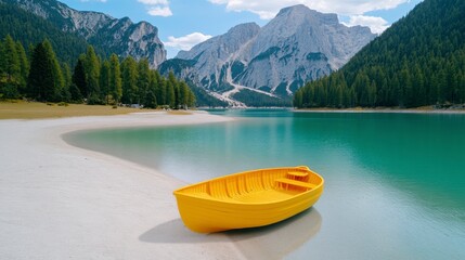 Vibrant Yellow Boat Docked on a Calm Lake Surrounded by Majestic Mountains and Lush Forests