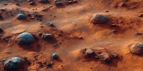 The desolate and rocky surface of Mars is depicted with various sized rocks and red dunes.
