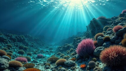 Fototapeta premium Underwater coral reef canyon with sunlight rays illuminating sandy seabed 