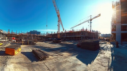 Construction Site with Cranes and Steel Rebar Under Clear Sky