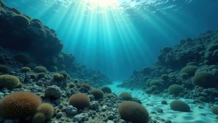 Obraz premium Underwater coral reef canyon with sunlight rays illuminating sandy seabed 