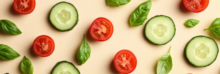 Naklejka premium Fresh Vegetables and Herbs Flatlay on Cream Background