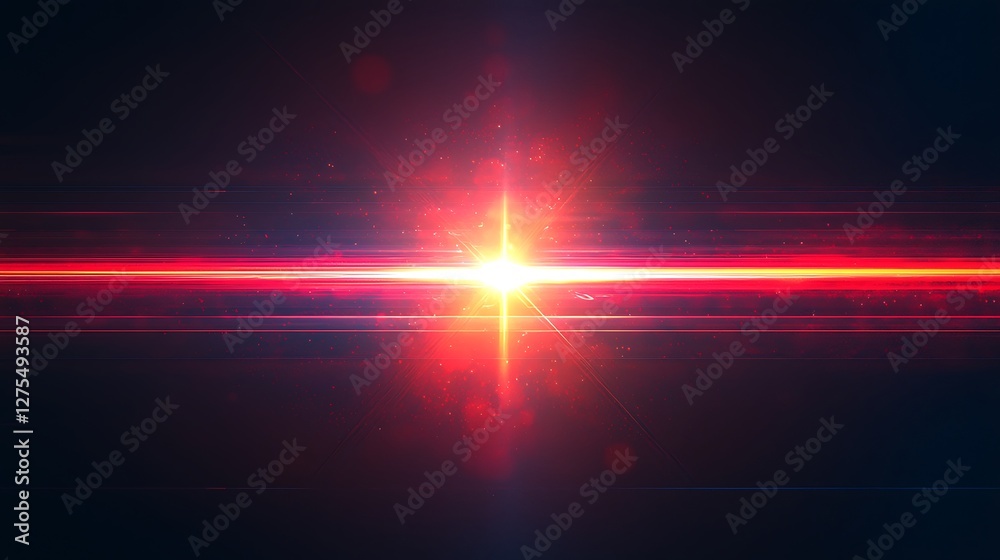 Poster Bright red light beam radiates with horizontal streaks in dark background for digital design or data