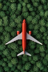 Aerial View of a Red Airplane Flying Over a Dense Green Forest Canopy