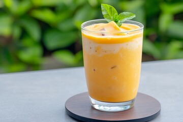 Refreshing Orange Smoothie Garnished with Mint Leaves on a Wooden Coaster