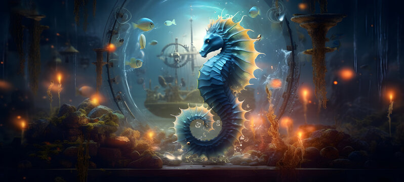 a seahorse protecting a portal with people going through it, ai generative