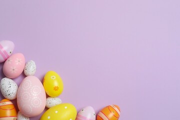 Happy Easter. Colorful eggs on a pastel color background, space for text or advertising