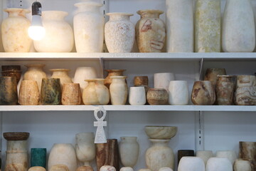 Egyptian alabaster vases and pots as souvenirs in Luxor, Egypt