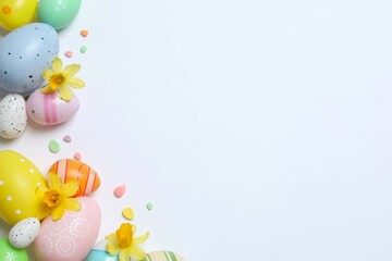 Happy Easter. Colorful eggs and yellow flowers on white background, space for text or advertising