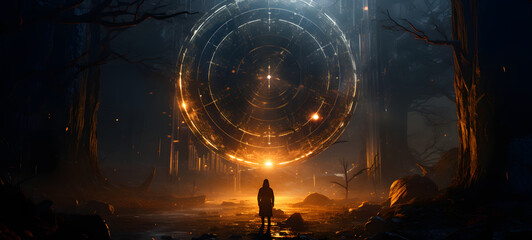 a deer protecting a portal with people going through it, ai generative