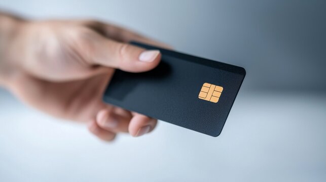 A hand holds a sleek black credit card with a visible chip, symbolizing modern payment methods and financial transactions. - Powered by Adobe