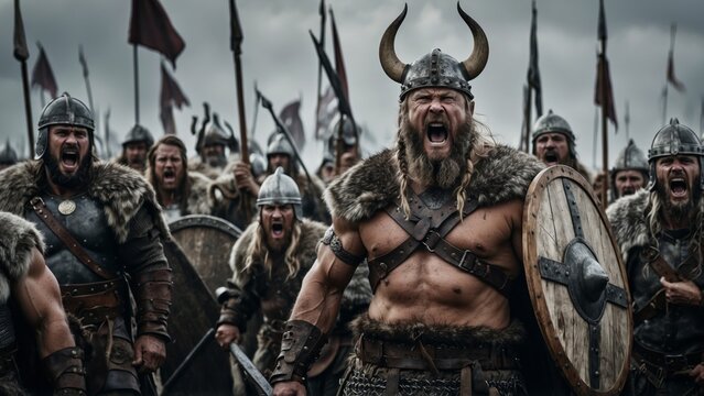 A fierce band of Vikings, clad in armor and furs, charge forward with a ferocious battle cry.