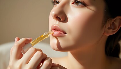 Woman delicately applying lip serum with golden dropper for luscious lips - nourishing beauty