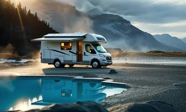 White Campervan Parked by a Geothermal Pool at Sunrise in the Mountains