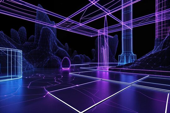 Futuristic Virtual Reality Landscape with Neon Wireframe Structures in a Dark Environment