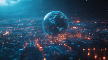 Fototapeta premium Digital Globe Surrounded by Glowing Data Points and Network Connections