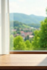 Serene View from a Wooden Window Sill A Peaceful Panorama of Rolling Hills and Lush Greenery, Bathed in Sunlight