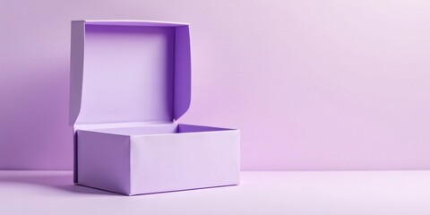 A partially opened lavender gift box sits on a matching surface, ready to reveal its contents. The soft lighting accentuates the subtle texture of the cardboard.