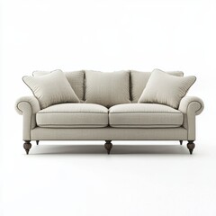 Classic roll-arm sofa with soft linen upholstery isolated on white