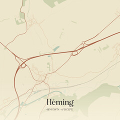 Vintage map of H&eacute;ming, France.