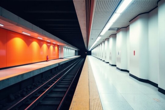 Empty subterranean transit platform with vibrant orange and white walls, featuring parallel tracks and a waiting area.