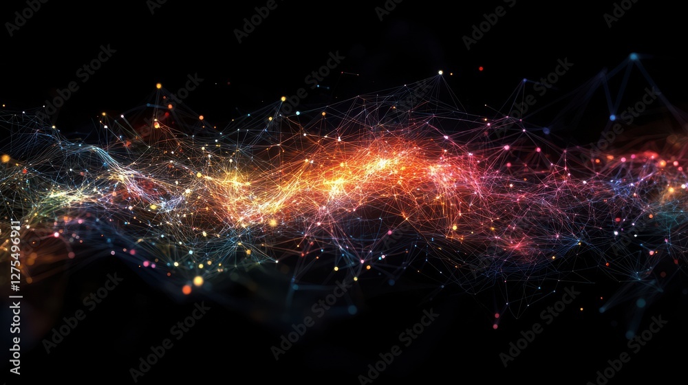 Wall mural abstract colorful light waves with sparkling points against black