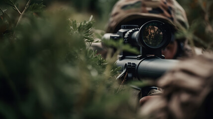 Soldier observing surroundings, camouflaged military personnel in tactical gear focusing through binoculars in dense forest.