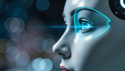 AI robot eye scanning data, futuristic technology concept
