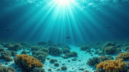 Fototapeta premium Underwater coral reef with sunlight rays illuminating sandy seabed and corals 