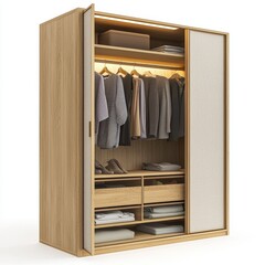 Compact Scandinavian-style wardrobe with light wood finish and soft fabric doors isolated on white