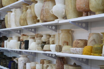 Egyptian alabaster vases and pots as souvenirs in Luxor, Egypt