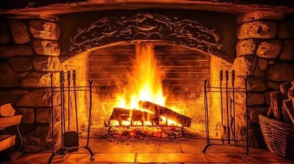 Cozy stone fireplace burning brightly, winter night