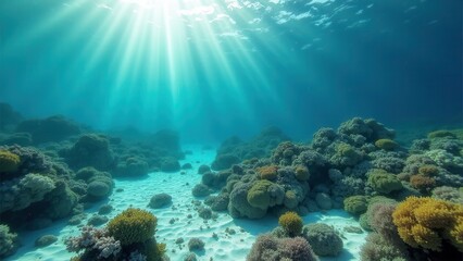 Naklejka premium Underwater coral reef with sunlight rays illuminating sandy seabed and corals 