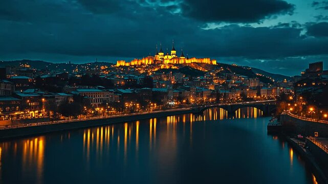 Tbilisi's Narikala Fortress at twilight, urban nightscape reflections