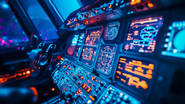 Futuristic aerospace cockpit interface, instrument panel with digital display: innovative interface