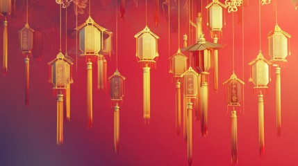 Golden Lanterns Hanging Against a Warm Red Gradient Background