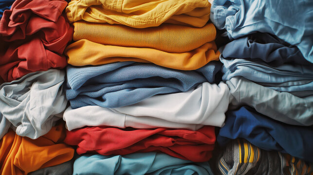 Stack of clothes, folded colorful stack of folded clothes in closet or drawer.