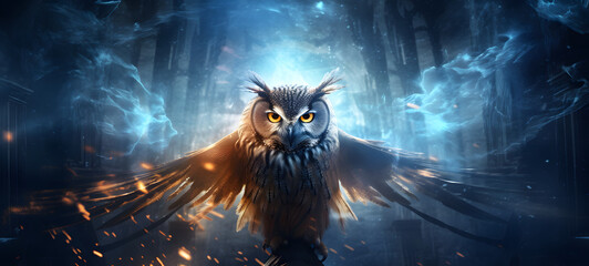 a owl protecting a portal with people going through it, ai generative