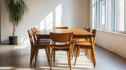 Fototapeta premium Modern Wooden Dining Table and Chairs in Bright Minimalist Room