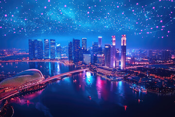 Fototapeta premium vibrant cityscape with data streaming visuals above