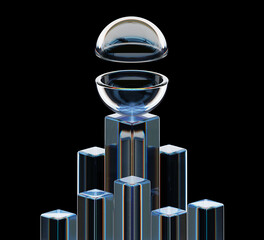 3d abstract glass square pillars with hemispheres on tech black background. Futuristic portal, open transparent ball of half spheres on rectangle columns with blue gradient render. 3D illustration