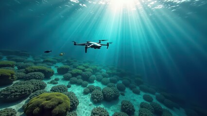 Colorful coral reef underwater with sunlight rays shining through the water	