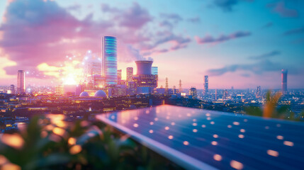 Obraz premium Futuristic Metropolis: A Dawn of Sustainable Energy, Envisioning Green Living with Solar Power in a Radiant Urban Sprawl, Illustration