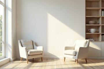 Serene Minimalist Living Room with Two Armchairs and Sunlight Streaming Through Window