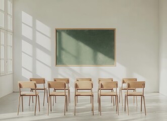 Bright white school classroom featuring neatly arranged wooden desks and chairs for an inviting learning environment.